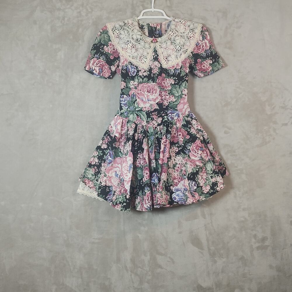 Vintage Swat Kids Girls Dress Size 10 Floral Print White Lace Collar CottageCore